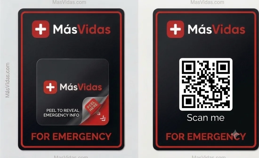 Calcomanía MásVidas para carro: frente con solapa "Peel here" y reverso con el código QR