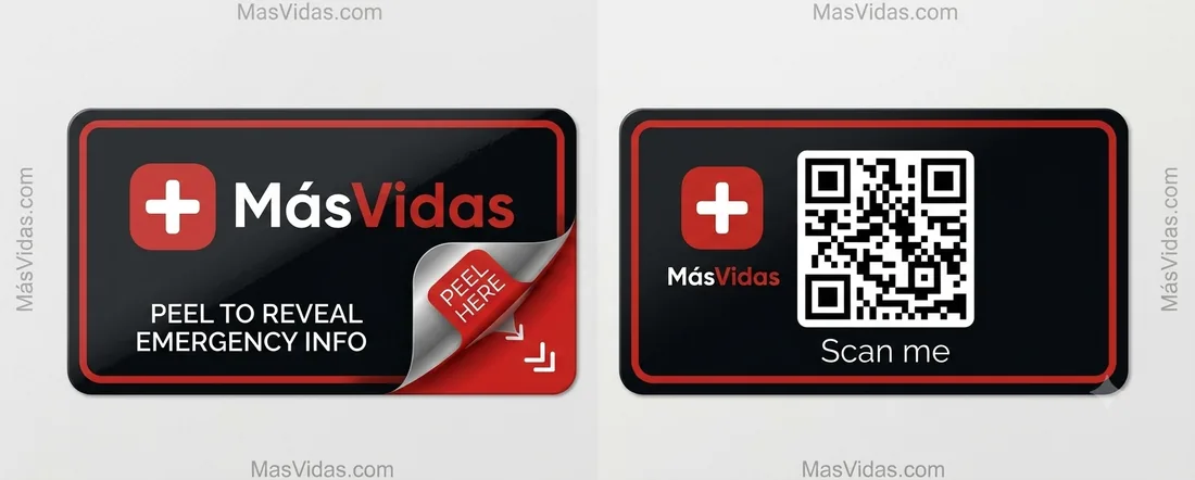 Calcomanía MásVidas para moto: frente con solapa "Peel here" y reverso con el código QR